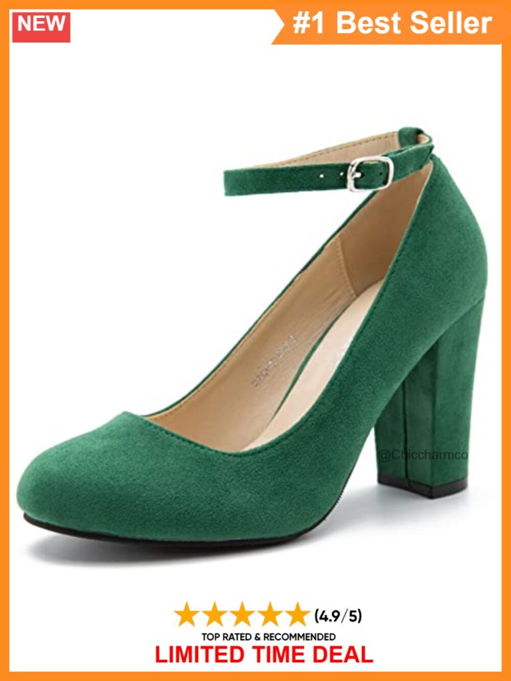 Block High Heel Pumps with Ankle Strap Round Toe Classic Comfortable Heels